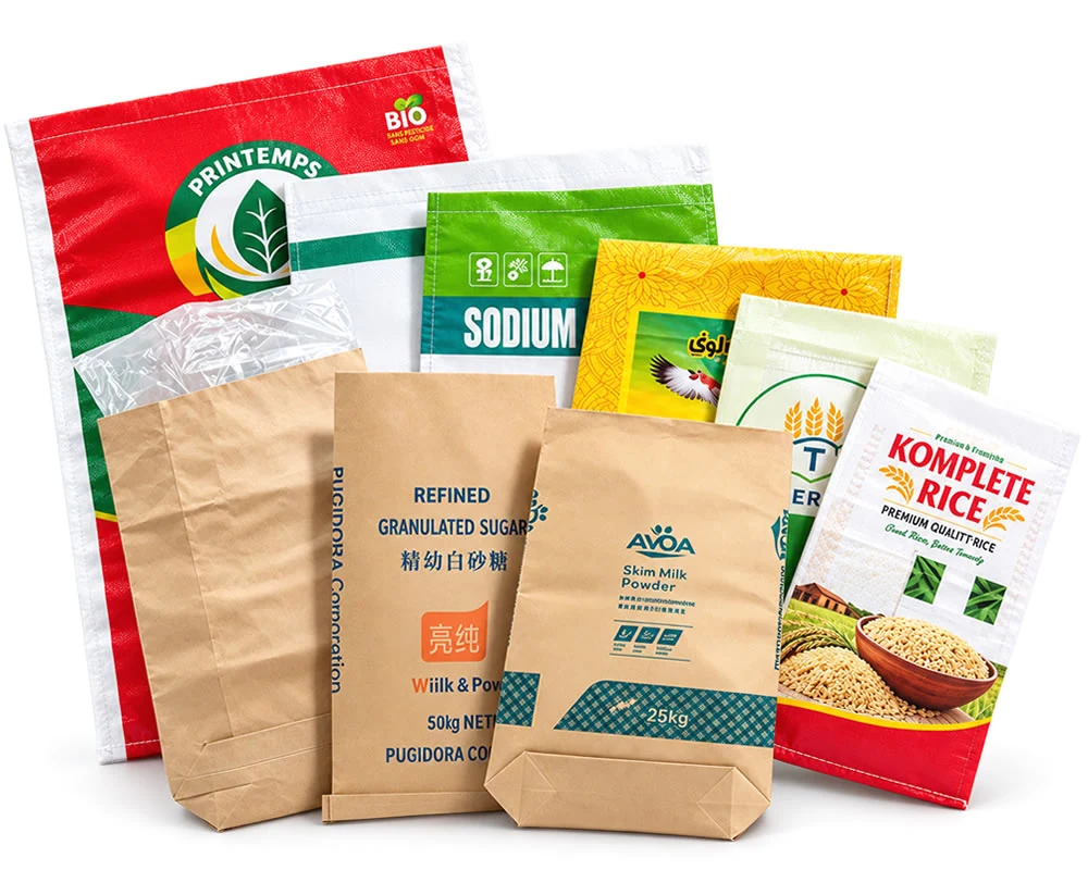 UnisunPack bag range for the six step process: PRINTEMPS BIO, SODIUM and KOMPLETE RICE woven sacks with kraft paper sugar and skim milk powder bags