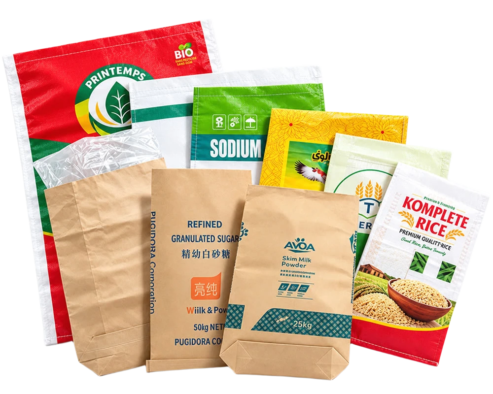 Printed PP woven sacks and multi-wall kraft paper bags for sugar, milk powder, sodium and rice