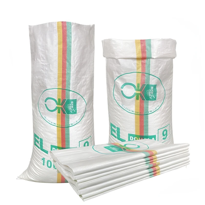 Woven PP bags with triple colour stripe and printed gusset, hanging and stacked