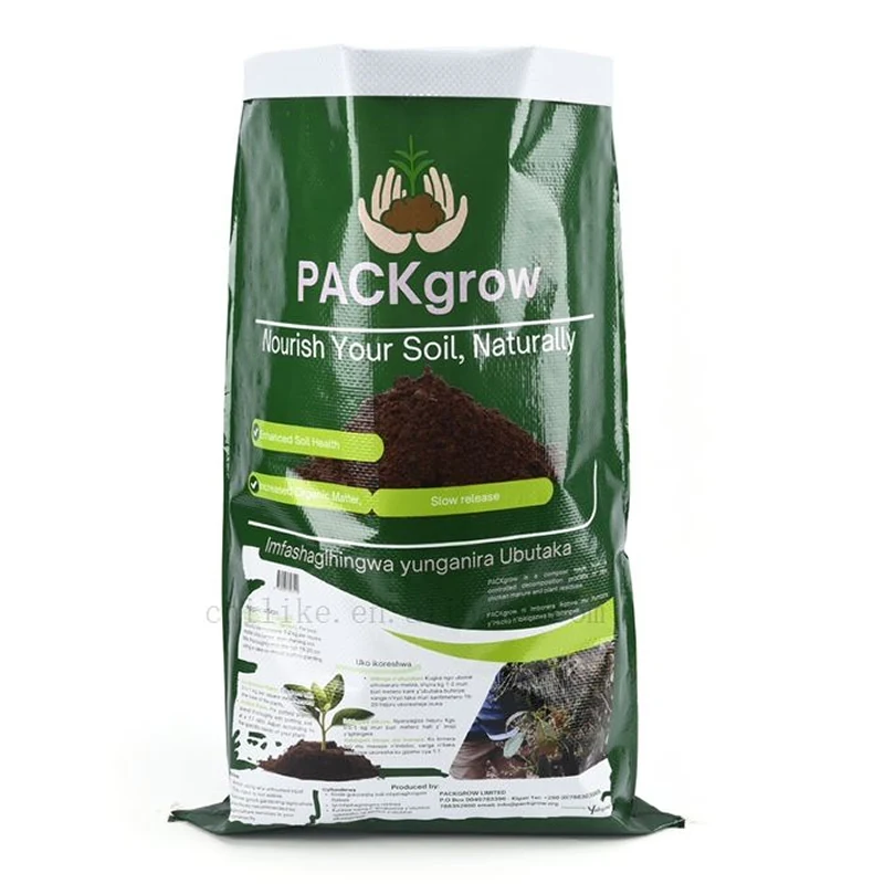 PACKgrow soil conditioner bag in green printed PP woven fabric with slow-release fertiliser print