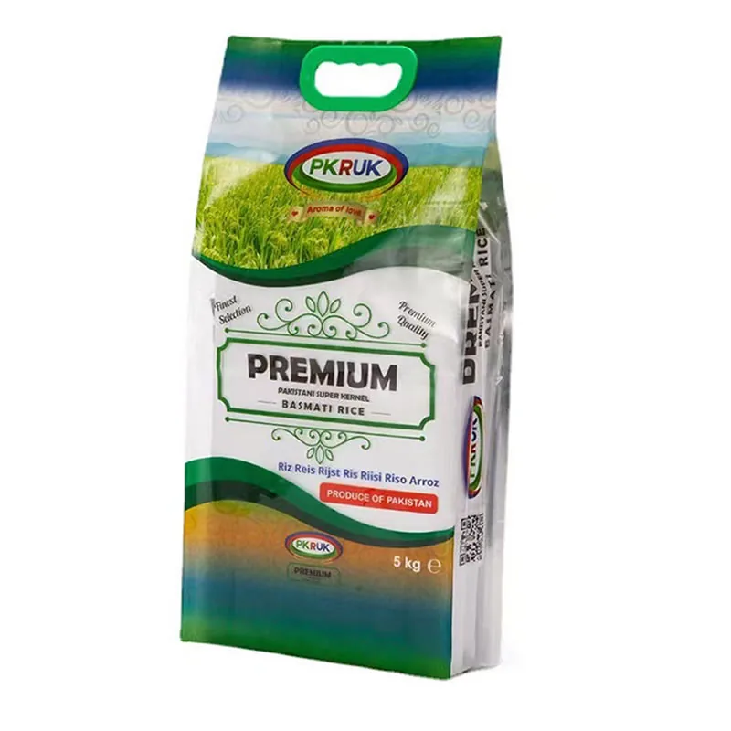 5kg PKRUK premium basmati rice bag with die-cut handle and printed paddy field design