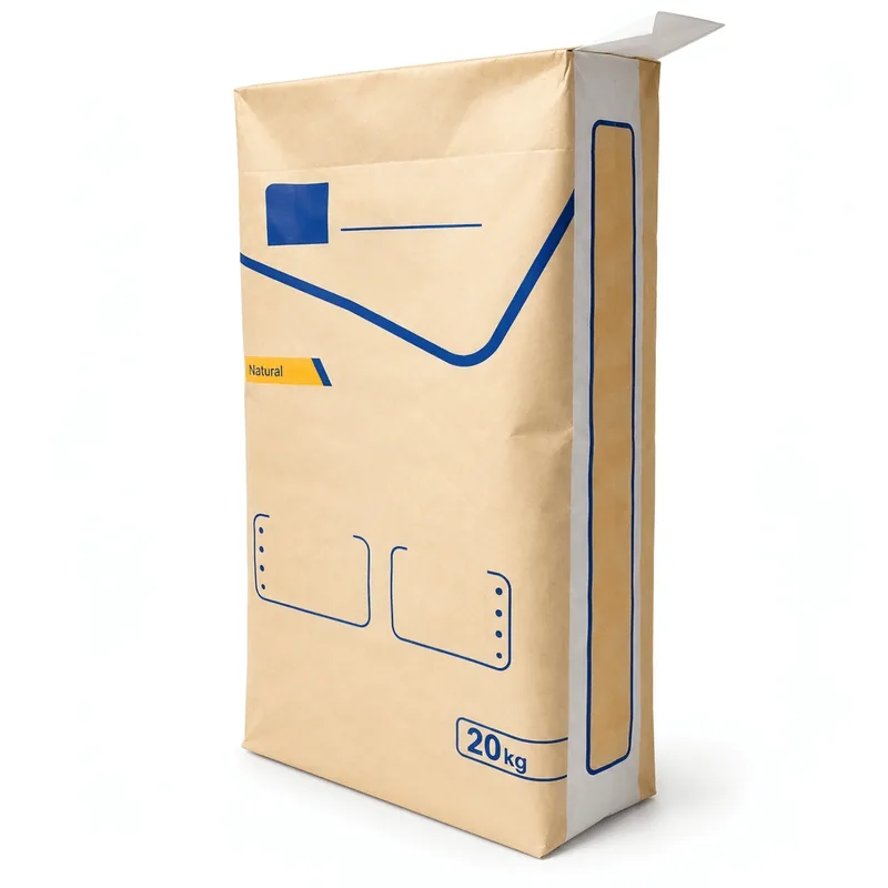 Plain natural kraft 20kg valve bag with blue print and side gusset