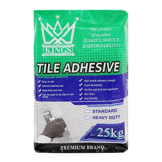 KINGS 25kg tile adhesive PP woven bag in green and blue with block bottom base