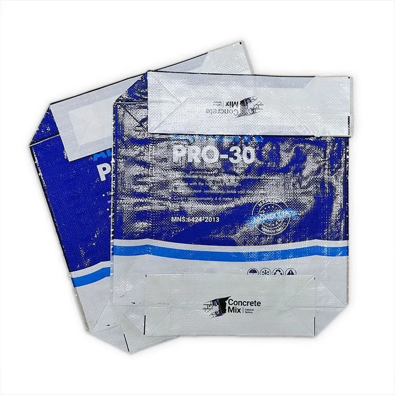 Two blue ADHESIVE PRO-30 PP woven valve bags stacked, showing the printed front panel and folded base
