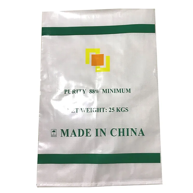 Plain white 25kg PP woven bag with green stripes, 88 percent purity marking