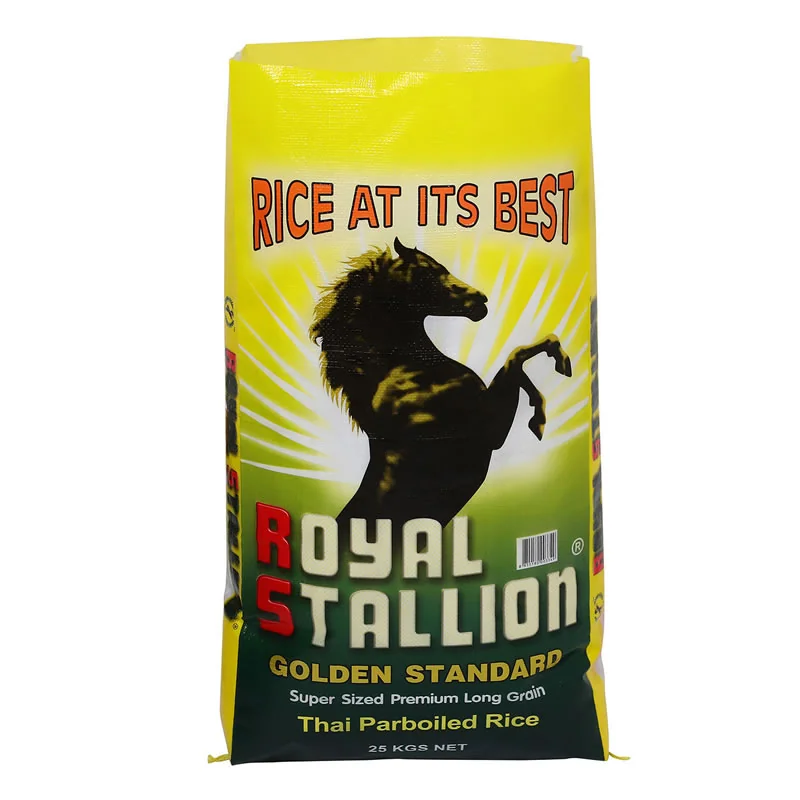 25kg Royal Stallion yellow printed Thai parboiled rice bag with horse print