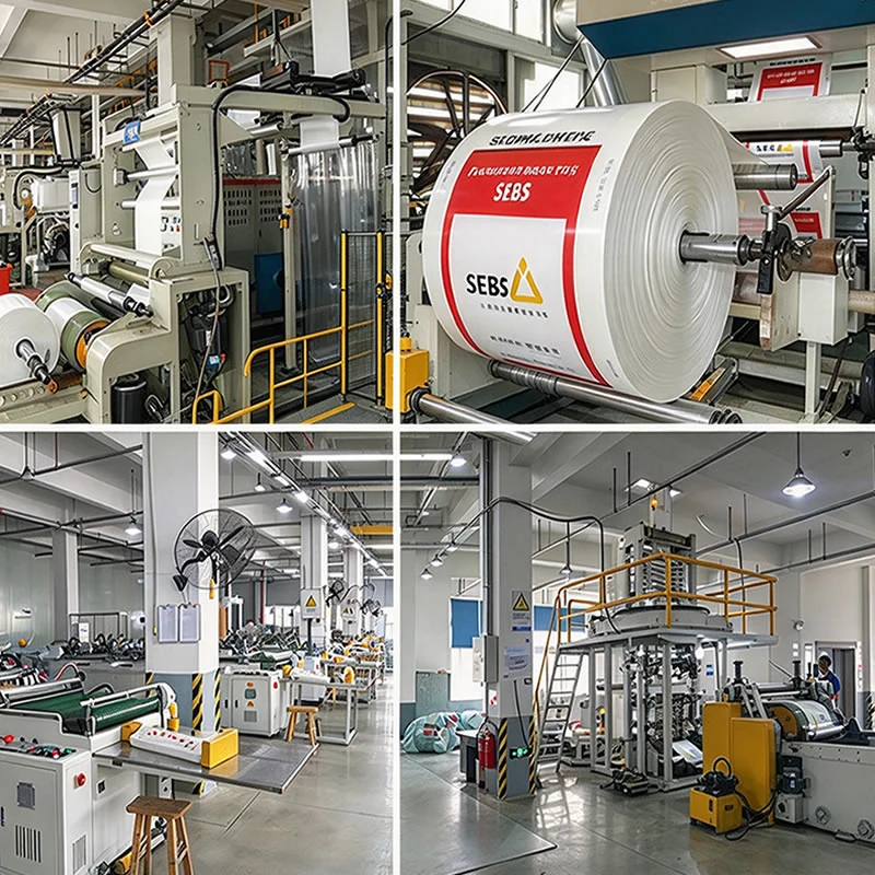 Four panel view of the UnisunPack workshop: laminating line, SEBS film roll, printing hall and film blowing tower